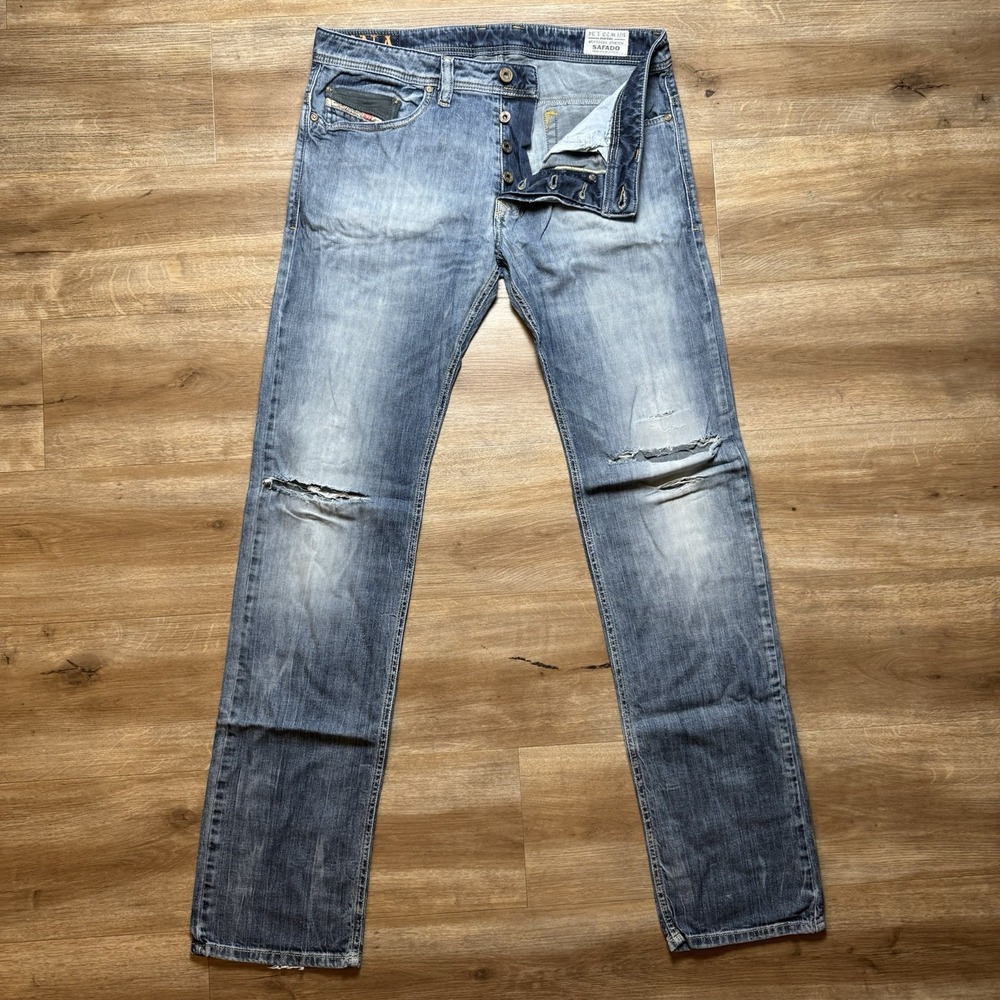 Diesel Jeans Men 33x34 Blue Safado Slim Straight Leg Ripped Rockstar DNA 0066X - Picture 2 of 15